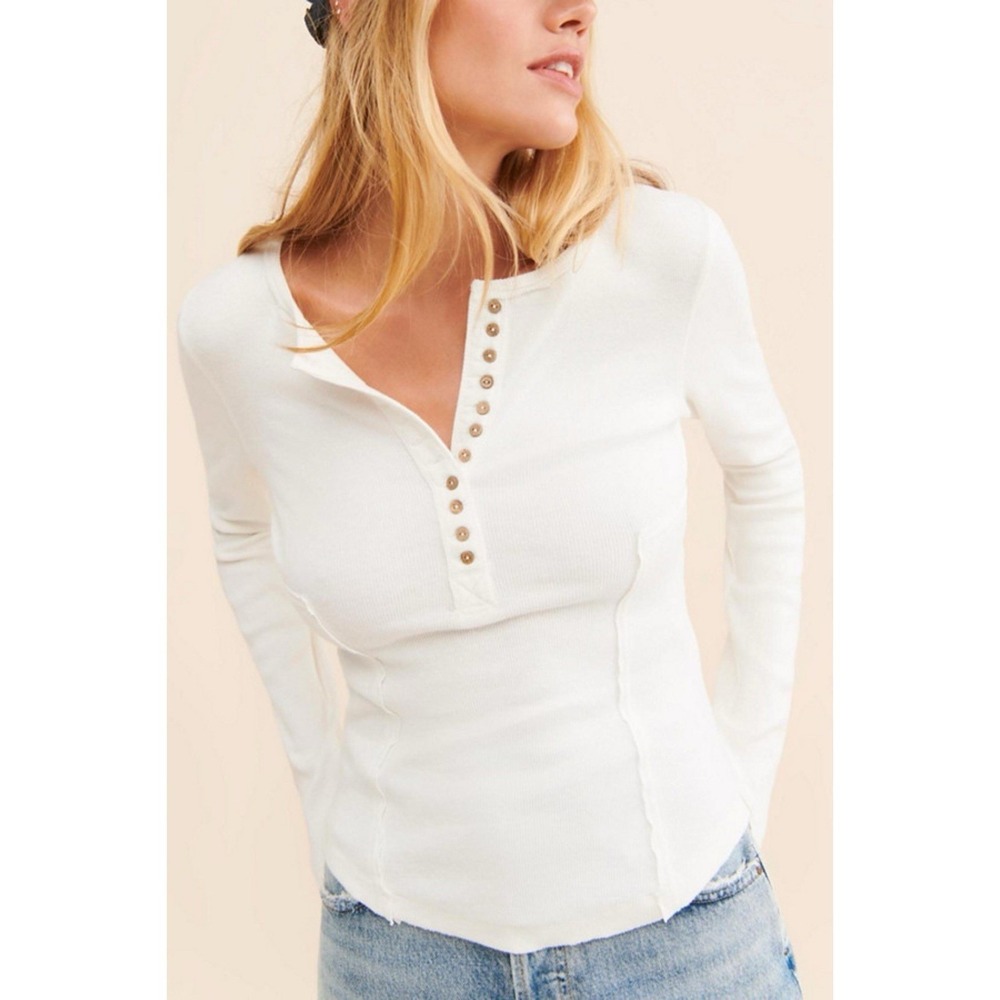 Free People We The Free M Henley Long Sleeve Top Ivory Casual Stretch